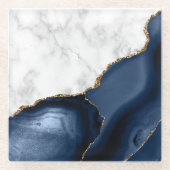 White Faux Marble Gilded Navy Blue Agate Glazen Onderzetter (Voorkant)