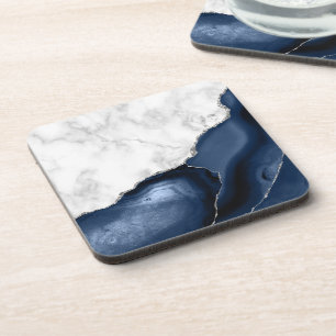 White Faux Marble Navy Blue Agate Silver Glitter Bier Onderzetter