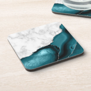 White Faux Marble Silver Glitter Blauwgroen Blue A Bier Onderzetter