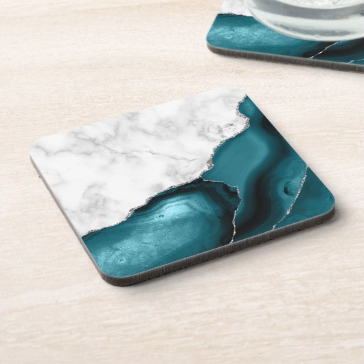 White Faux Marble Silver Glitter Blauwgroen Blue A Bier Onderzetter (Linkerzijde)