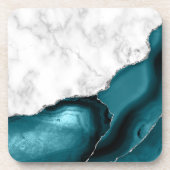 White Faux Marble Silver Glitter Blauwgroen Blue A Bier Onderzetter (Voorkant)