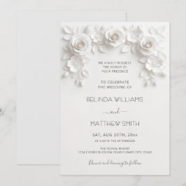 White Faux Relief Roses Frame Wedding Minimalist Kaart