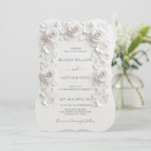 White Faux Relief Roses Frame Wedding Minimalist Kaart (Staand voorkant)