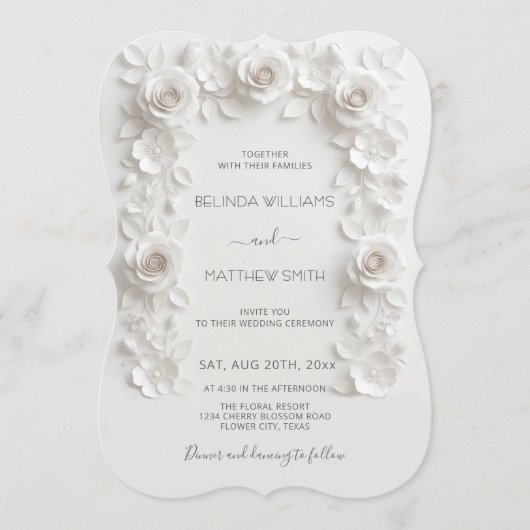 White Faux Relief Roses Frame Wedding Minimalist Kaart (Voorkant)