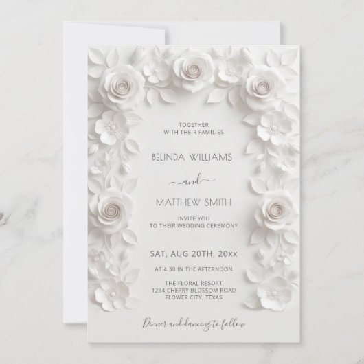 White Faux Relief Roses Frame Wedding Minimalist Kaart (Voorkant)