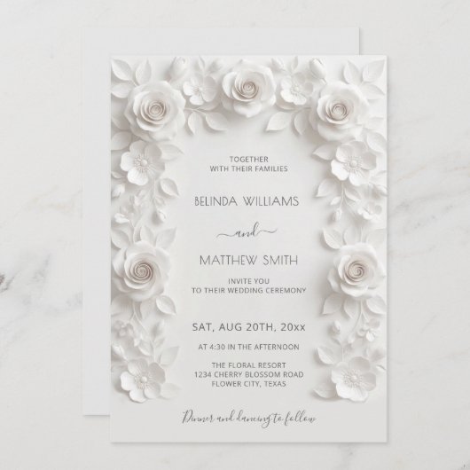 White Faux Relief Roses Frame Wedding Minimalist Kaart (Voorkant / Achterkant)