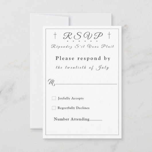 White Faux-Satin Monogrammed Response Kaart (Voorkant)