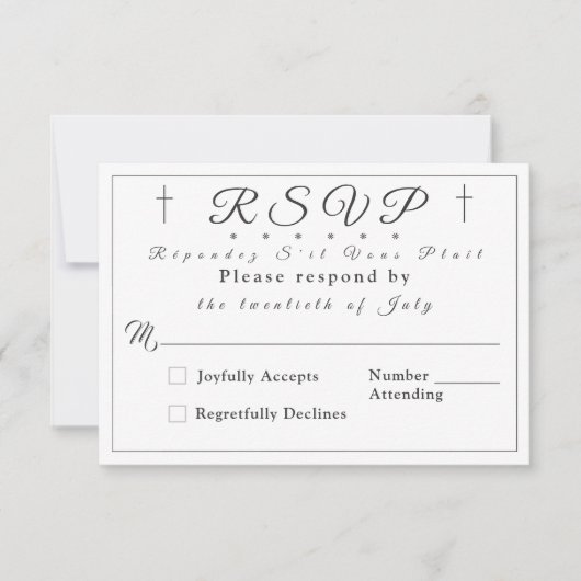White Faux-Satin Monogrammed Response Kaart (Voorkant)