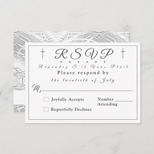 White Faux-Satin Monogrammed Response Kaart (Voorkant / Achterkant)