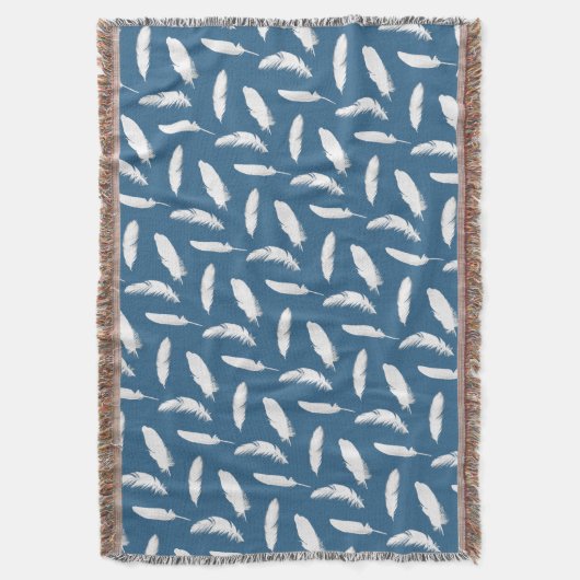 White Feather Print op Denim Blue Deken (Voorkant Verticaal)