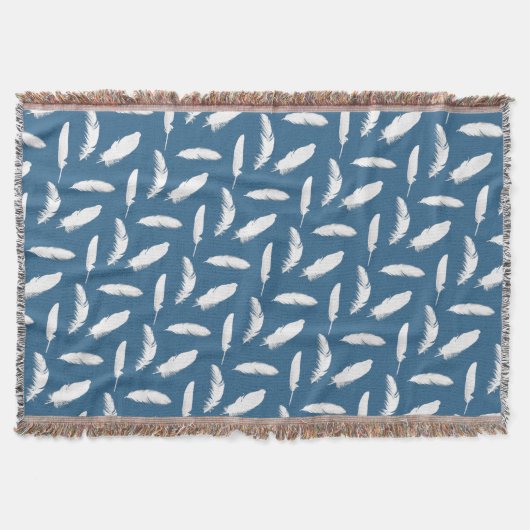 White Feather Print op Denim Blue Deken (Voorkant)