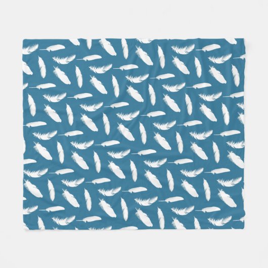 White Feather Print op Denim Blue Fleece Blanket (Voorkant (Horizontaal))