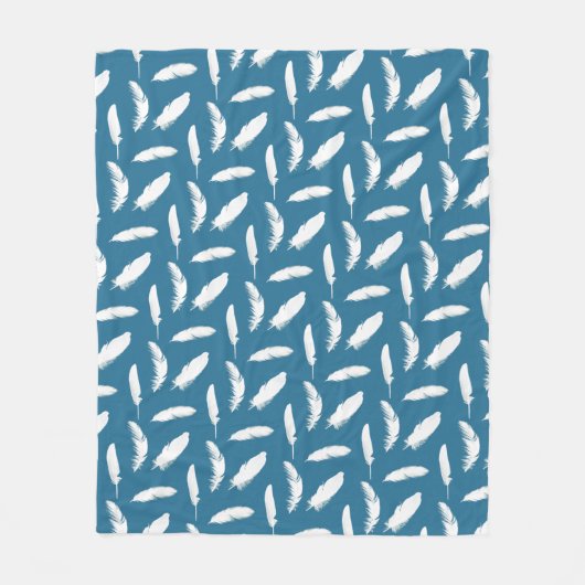 White Feather Print op Denim Blue Fleece Blanket Deken (Voorkant)