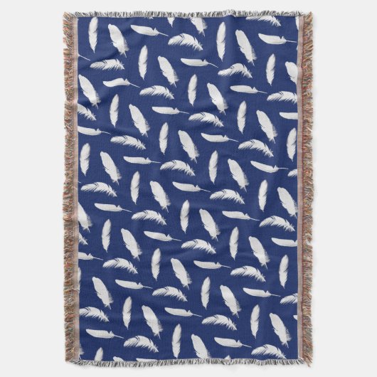 White Feather Print op Donkere marineblauw Deken (Voorkant Verticaal)