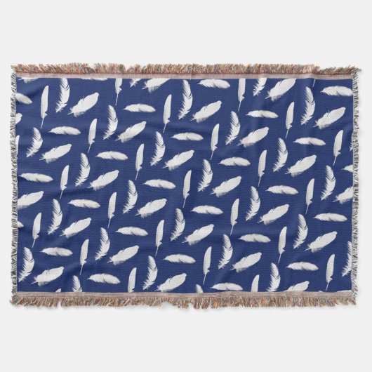 White Feather Print op Donkere marineblauw Deken (Voorkant)