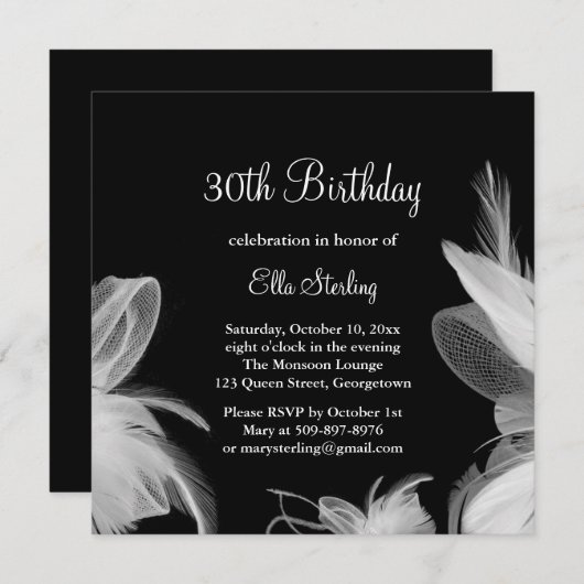 White Feathers Birthday Invitation Kaart (Voorkant / Achterkant)