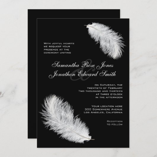 White Feathers Black Wedding Invitation Kaart (Voorkant / Achterkant)