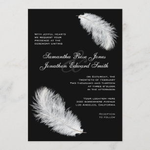 White Feathers Black Wedding Invitation Kaart