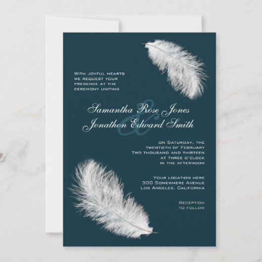 White Feathers Dark Blauwgroen Wedding Invitation Kaart (Voorkant)