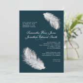 White Feathers Dark Blauwgroen Wedding Invitation Kaart (Staand voorkant)