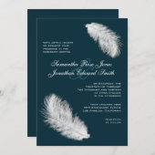 White Feathers Dark Blauwgroen Wedding Invitation Kaart (Voorkant / Achterkant)