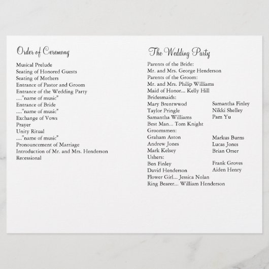 White Feathers Wedding Programme (Achterkant)