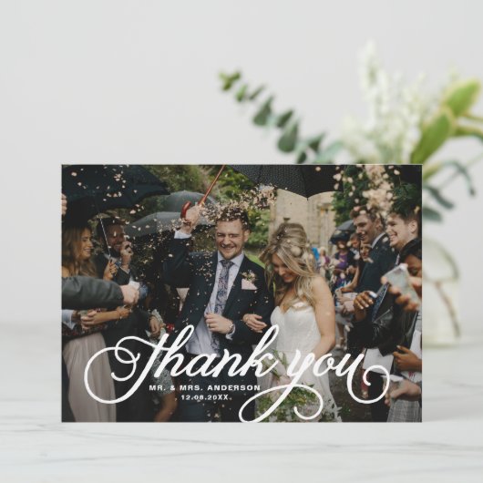 White Feminine Script Photo Weddenschap Bedankt (Staand voorkant)