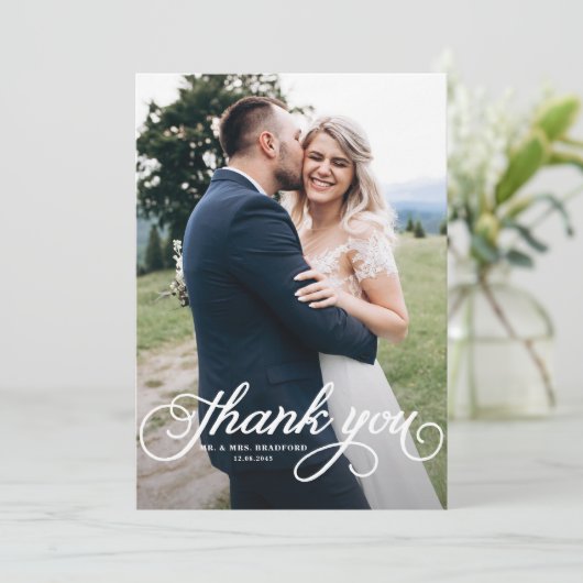 White Feminine Script Photo Weddenschap Bedankt (Staand voorkant)