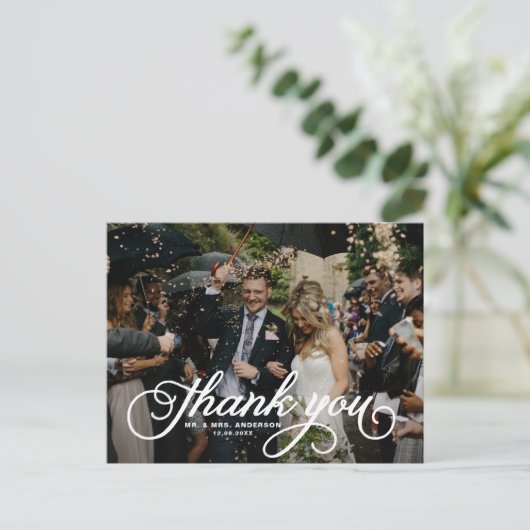 White Feminine Script Photo Weddenschap Bedankt Briefkaart (Staand voorkant)