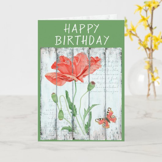 White Fence Red Poppy Inspirerend Birthday Kaart (Gele Bloem)