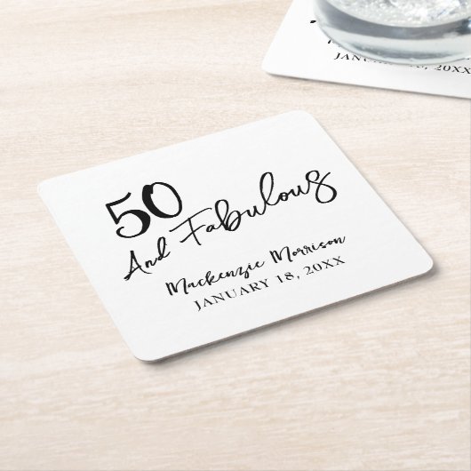 White Fifty and Fabulous Script Birthday Party Kartonnen Onderzetters (Schuin)