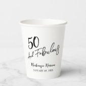 White Fifty and Fabulous Script Birthday Party Papieren Bekers (Achterkant)