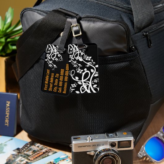 White Filigree en Flowers Over Black Sjabloon Bagagelabel (Voorkant /achterkant)