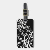 White Filigree en Flowers Over Black Sjabloon Bagagelabel (Voorkant verticaal)