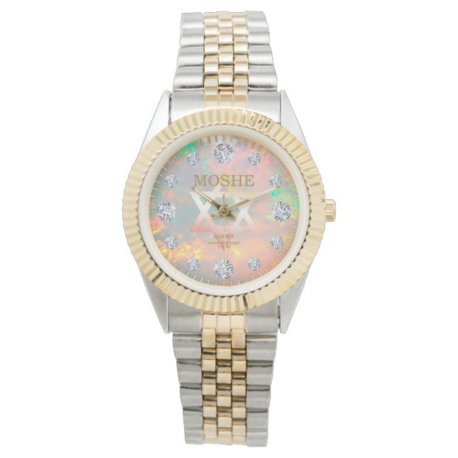 White Fire Opal Diamond Dial Star of David Horloge (Voorkant)