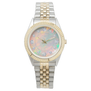 White Fire Opal Diamond Solitaire Dial Steel Gold Horloge