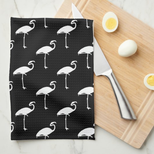 White Flamingo Tropical Flamingos Black Background Theedoek (Quarter Fold)