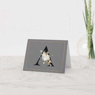 White Flora l Gold Accents Monogram A Note Kaart