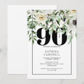 White Floral 90th Birthday Party Invitation Kaart (Voorkant / Achterkant)