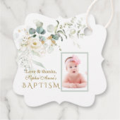 White Floral Airy Greenery Girl Photo Baptisme Bedankjes Labels (Achterkant)
