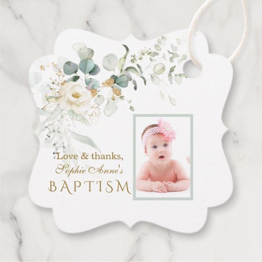 White Floral Airy Greenery Girl Photo Baptisme Bedankjes Labels (Achterkant)