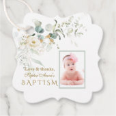 White Floral Airy Greenery Girl Photo Baptisme Bedankjes Labels (Voorkant)