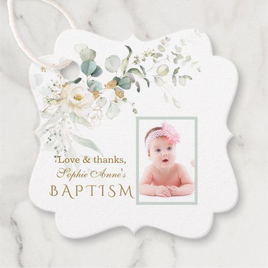 White Floral Airy Greenery Girl Photo Baptisme Bedankjes Labels (Voorkant)