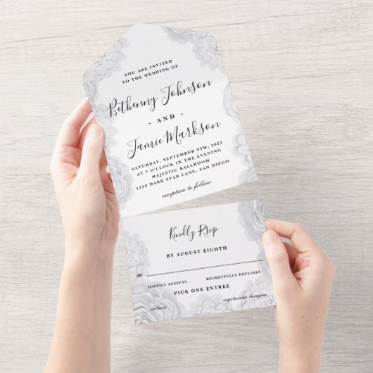 White Floral All in One Wedding Invite All In One Uitnodiging (Afscheurbaar)
