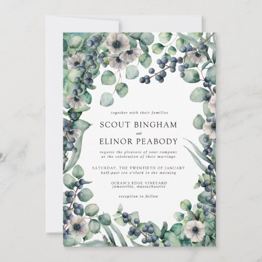 White Floral and Berries Boho Botanical Wedding Kaart (Voorkant)