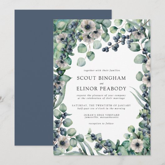 White Floral and Berries Boho Botanical Wedding Kaart (Voorkant / Achterkant)