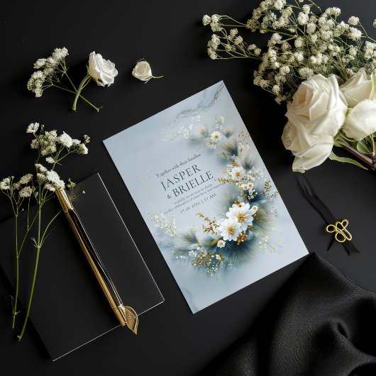 White Floral and Blue Pine Gold Wreath Wedding Kaart