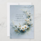 White Floral and Blue Pine Gold Wreath Wedding Kaart (Voorkant)