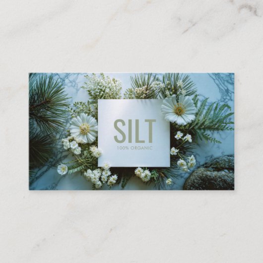 White Floral and Evergreen Pine Marble Texture Visitekaartje (Voorkant)