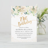 White Floral and Gold 21st Birthday Party Kaart (Staand voorkant)